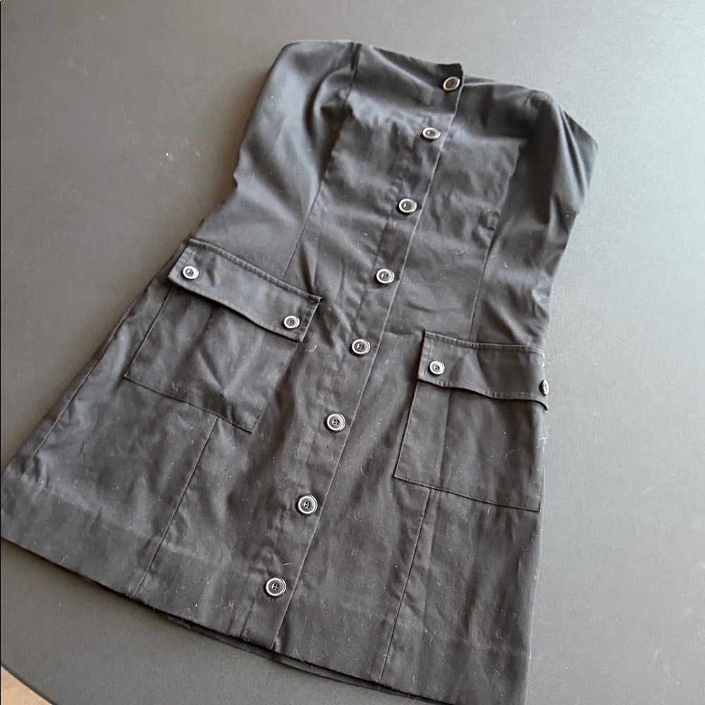 Strapless Black Button-Front Pocket Dress